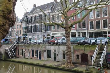 Utrecht, the Netherlands - February 13, 2016: Famous Oudegracht canal in historic city centre (Oudegracht)