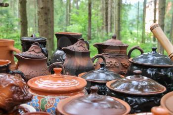 Schodnica, Ukraine - June 30, 2014: Old style ukrainian souvenir pottery in the market