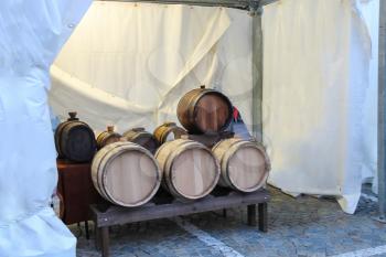New wooden barrels under tent