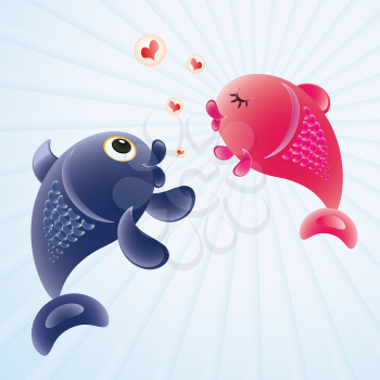 Royalty Free Clipart Image of a Two Fish Falling in Love