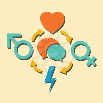 male, female symbols, heart, speech bubble as communication cycle concept vector illustration