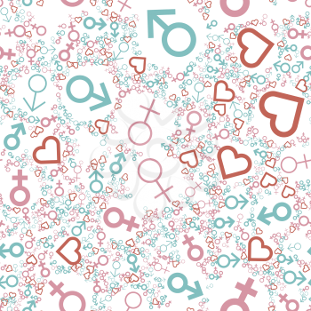 Male female heart symbols seamless pattern. Abstract feminine and masculine signs. Love concept vector illustration.
