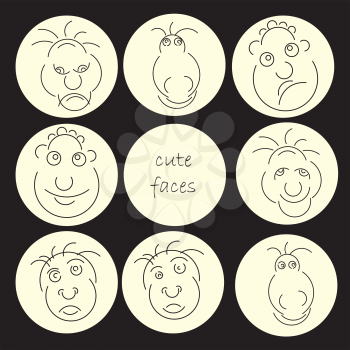 Funny humor character collection. Cute faces abstract avatar set. Vector illustration. Smiling and angry expressions.