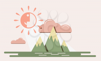 Mountain sky with funny smiling sun vector landscape illustration