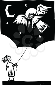 Royalty Free Clipart Image of a Girl Holding a String to an Angel