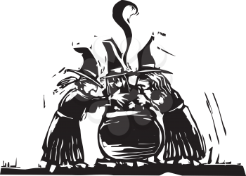 Royalty Free Clipart Image of Witches Staring at a Boiling Pot