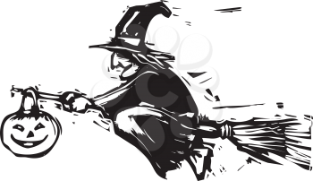Royalty Free Clipart Image of a Witch Flying With a Pumpkin