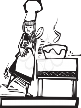 Royalty Free Clipart Image of a Female Chef Cooking