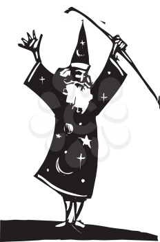 Royalty Free Clipart Image of a Wizard Holding a Staff
