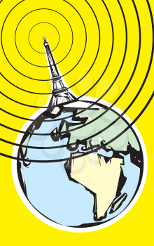 Royalty Free Clipart Image of Radio Tower Broadcasting Signals from the Earth