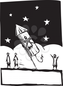 Royalty Free Clipart Image of a Person Strapped to a Rocket 