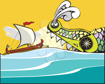 Royalty Free Clipart Image of a Monster Attacking a Ship