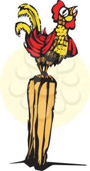 Royalty Free Clipart Image of a Rooster on a Post