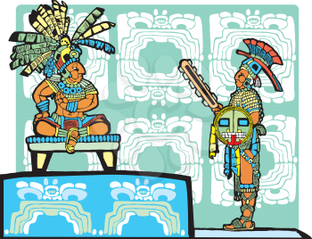 Royalty Free Clipart Image of a Mayan Warrior Speaking to a King