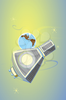 Royalty Free Clipart Image of a Mercury Space Capsule in Orbit of Earth
