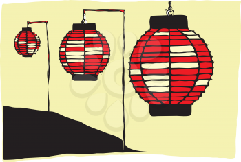 Royalty Free Clipart Image of Three Paper Lanterns on a Japanese
