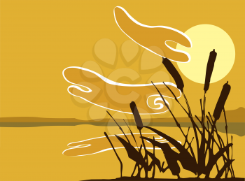 Royalty Free Clipart Image of a Patch of Reeds by a Pond