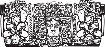 Royalty Free Clipart Image of a Mayan Triptych Image With Priests