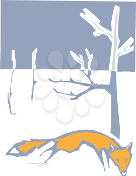 Woodcut style image of fox in the winter snow.