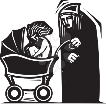 Woodcut style image of an old person pushing a beautiful young woman in baby carriage