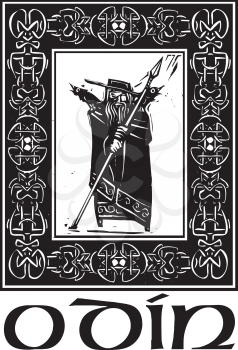 Woodcut style image of the Viking God Odin in a Celtic border.