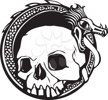 Woodcut style image of a human skull and a dragon.