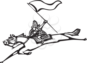 Woodcut style image of a Norse Valkyrie riding a horse and holding a flag.
