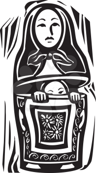 woodcut style image of a a Russian nested doll with another doll inside trying to escape or hide.