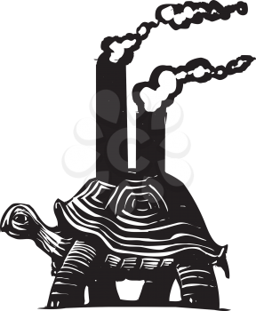 Royalty Free Clipart Image of a Turtle With Smokestacks on its Back