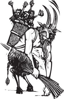 Royalty Free Clipart Image of a European Christmas Krampus Figure With a Basket of Children