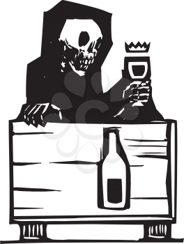 Woodcut style image of the skeleton death sitting at a table drinking a glass of wine.