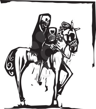woodcut style image of the skeleton death riding a horse and drinking wine.