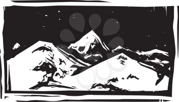 Woodcut style mountain range with snowy peaks