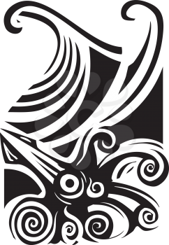 Woodcut style image of a giant squid in the ocean waves.