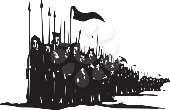 Woodcut style expressionist image of a medieval army of soldiers with spears on the march.