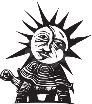 Woodcut style image of a sun and moon face on the back of a turtle