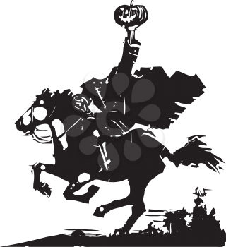 Woodcut style expressionist image of the Headless horseman ghost
