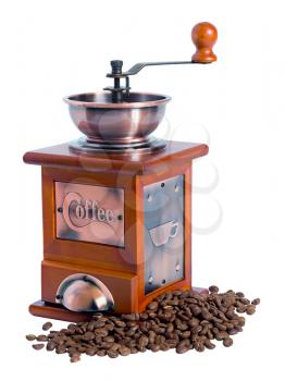 manual coffee grinder with coffee beans isolated on white background