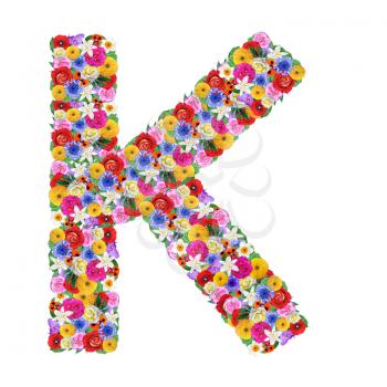 K, letter of the alphabet in different flowers isolated on white background