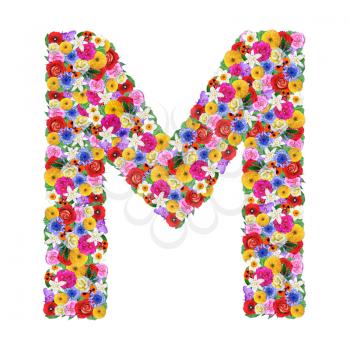 M,  letter of the alphabet in different flowers isolated on white background