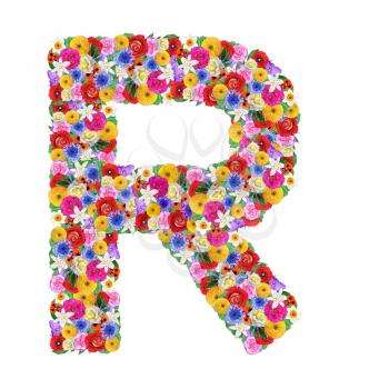 R, letter of the alphabet in different flowers isolated on white background