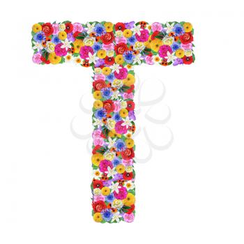 T, letter of the alphabet in different flowers isolated on white background
