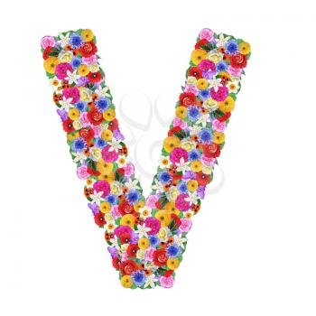 V, letter of the alphabet in different flowers isolated on white background