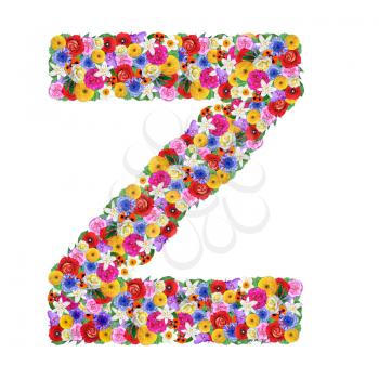 Z, letter of the alphabet in different flowers isolated on white background