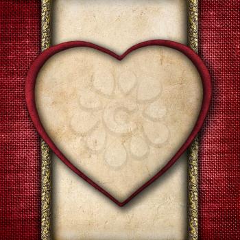 Vintage Valentine card in the form of red paper hearts on a fabric background