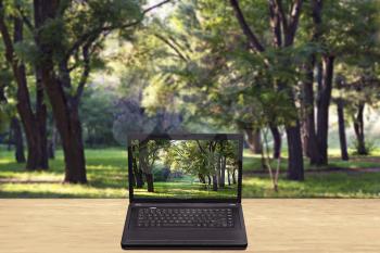 Laptop on a table against a blurred background forest