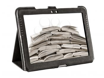 stack of books on a tablet  screen isolated on white background