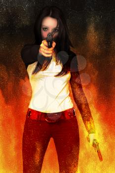 Girl with two pistols on a fiery background