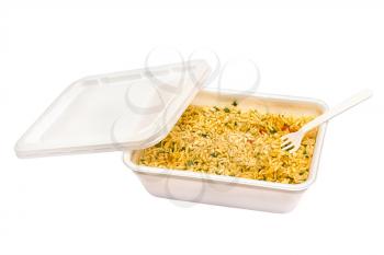 Plastic container with instant noodles isolated on white background.