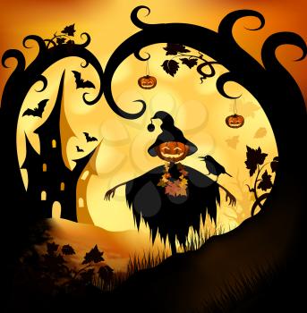 Royalty Free Clipart Image of a Halloween Scarecrow in a Scary Scene